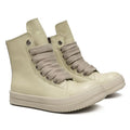 Genuine leather high-top unisex sneakers with side zipper in black, shown on a neutral background.