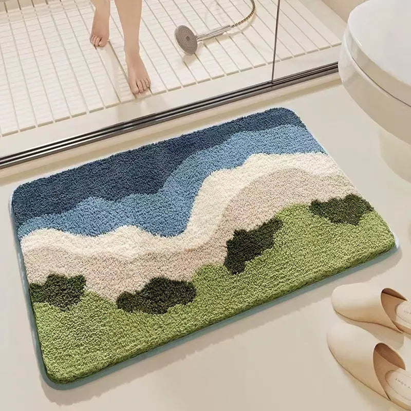 Square rainbow pattern floor mat with sky and sea colours, plastic bottom resistant to dirt
