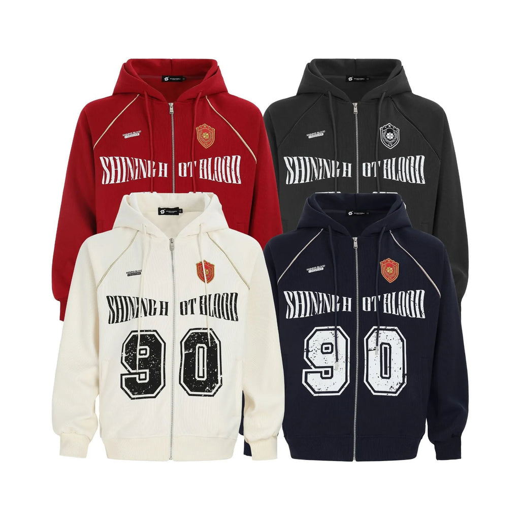 Women's red American retro style jacket with embroidered letter patterns and hood