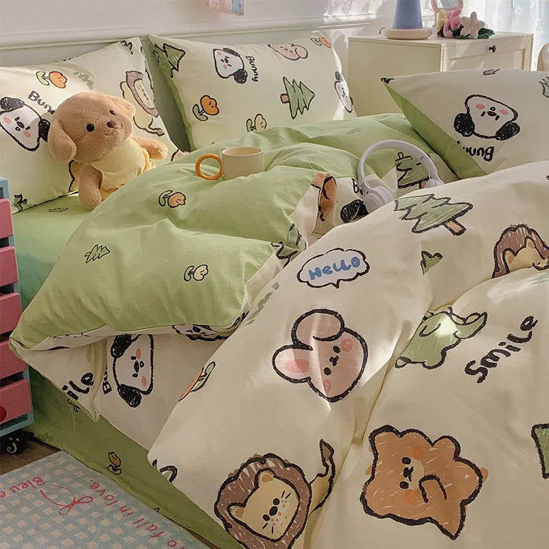Cartoon dog print pure cotton bedding four-piece set shown on a bed