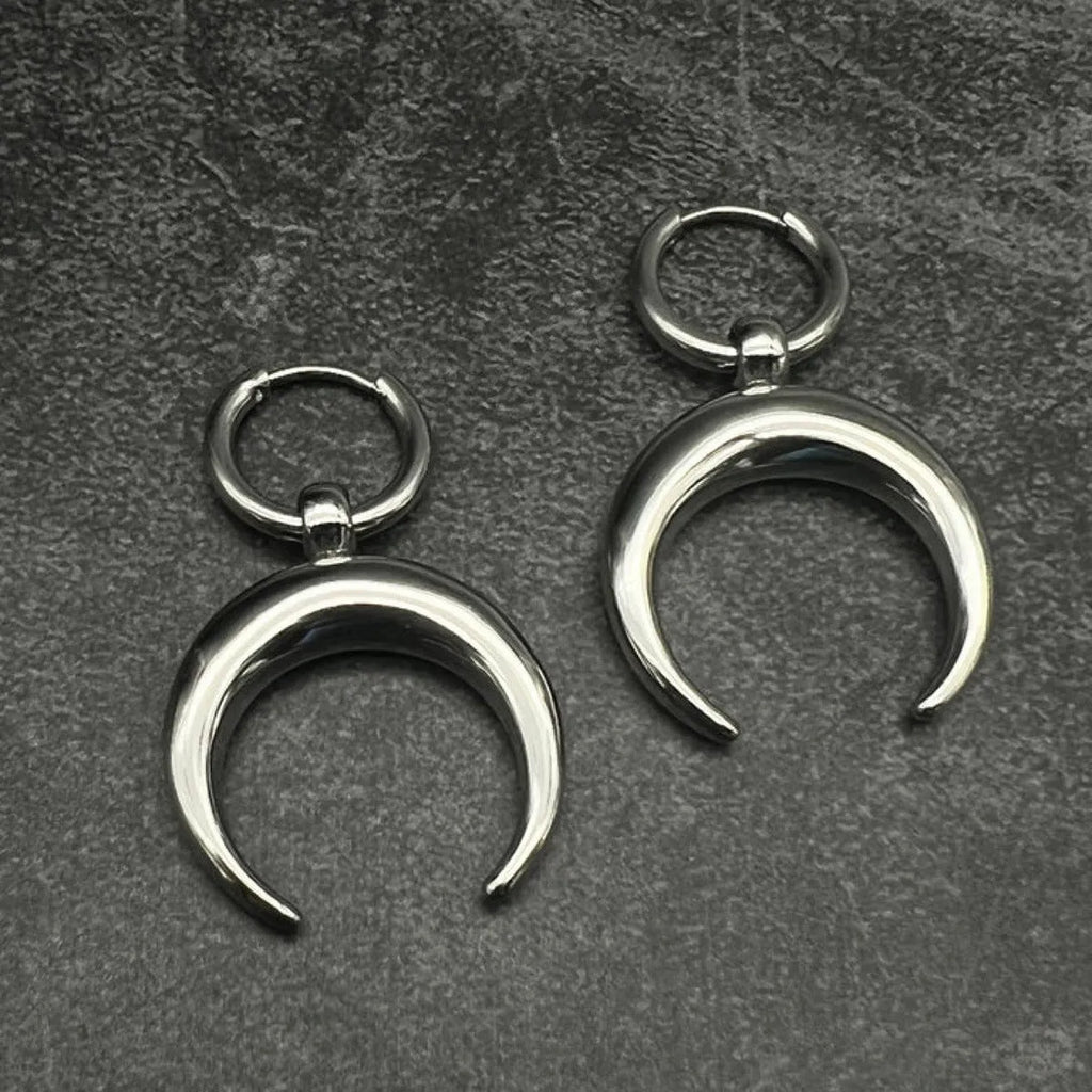 Silver vintage gothic moon big hoop earrings with geometric design and ear clip fastening
