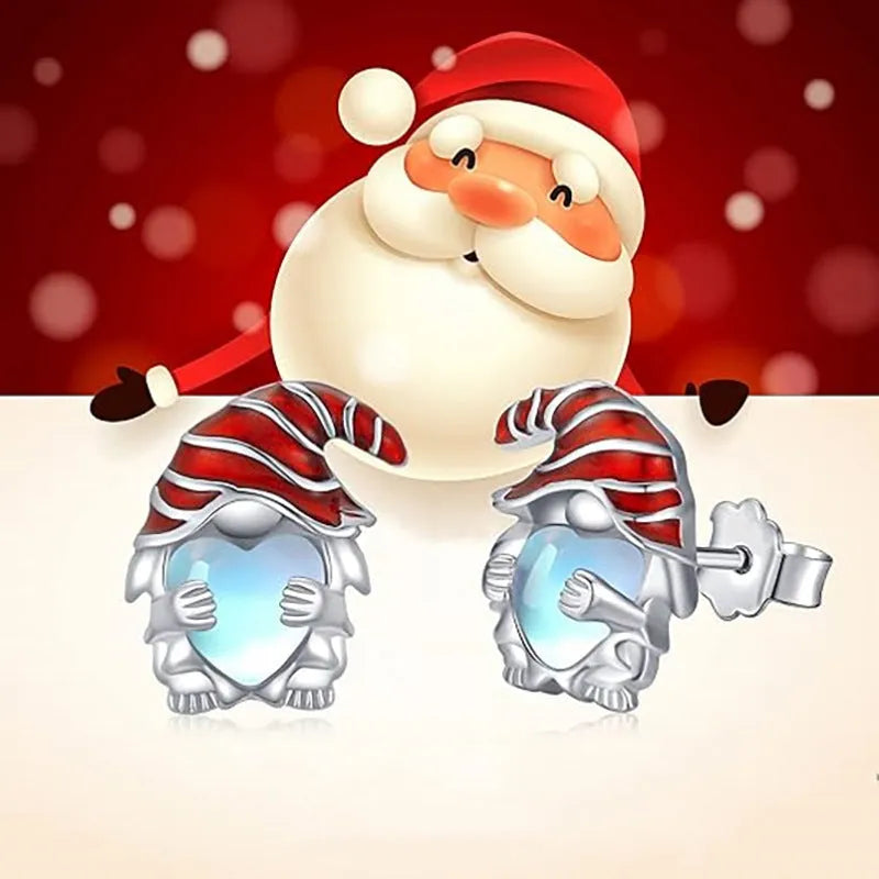 Women's heart-shaped Santa Claus earrings in electroplated white gold colour