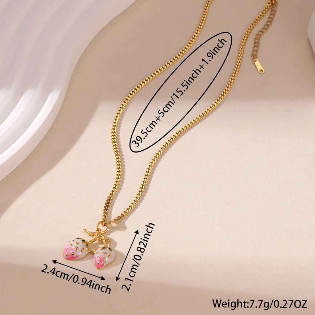 Stainless steel necklace with a strawberry fruit pendant in red or white gradient colour