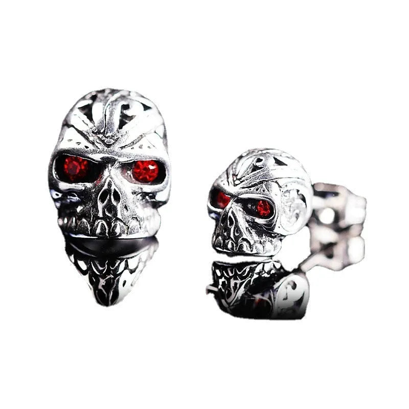 Retro red eye ghost head skull stud earrings with electroplated finish and alloy inlay detailing