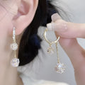 Silver copper earrings with tassel ball and rhinestone ball design in drop shape