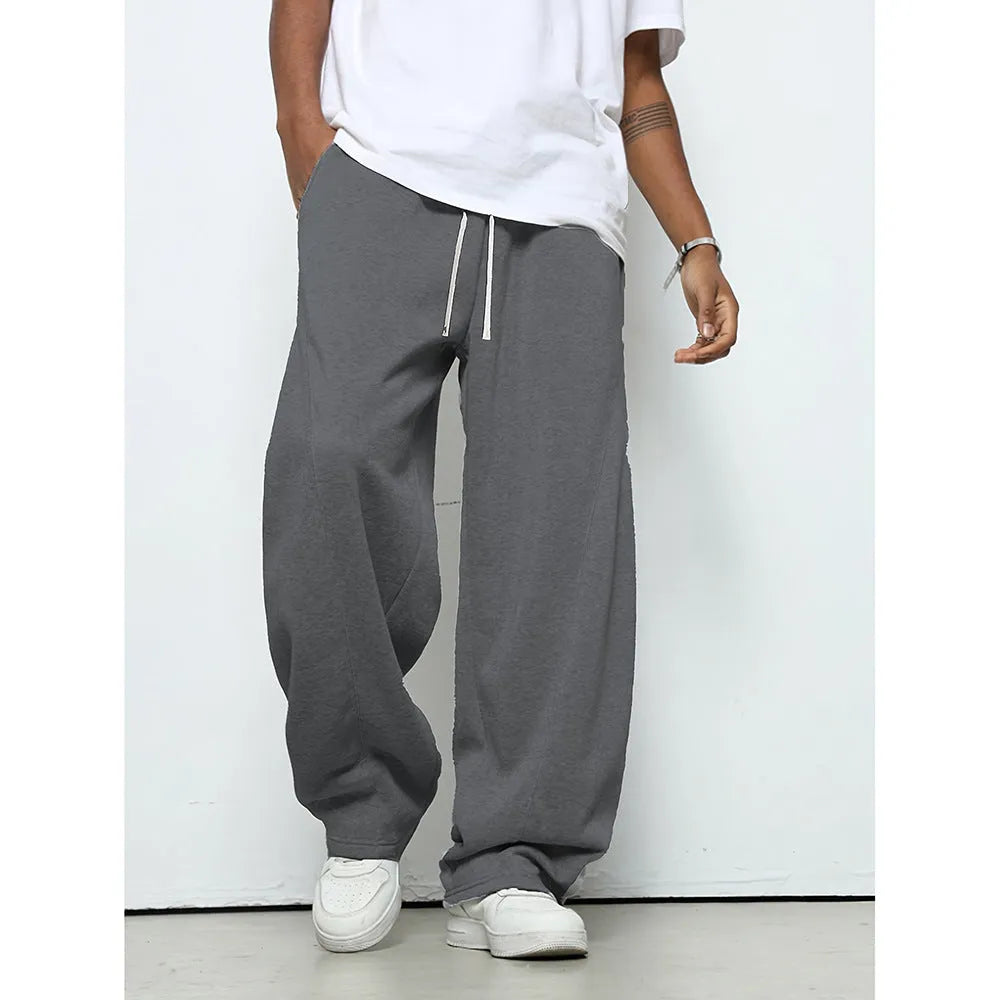 Men's straight leg casual trousers in polyester with drawstring waist in black, dark grey and light grey colours