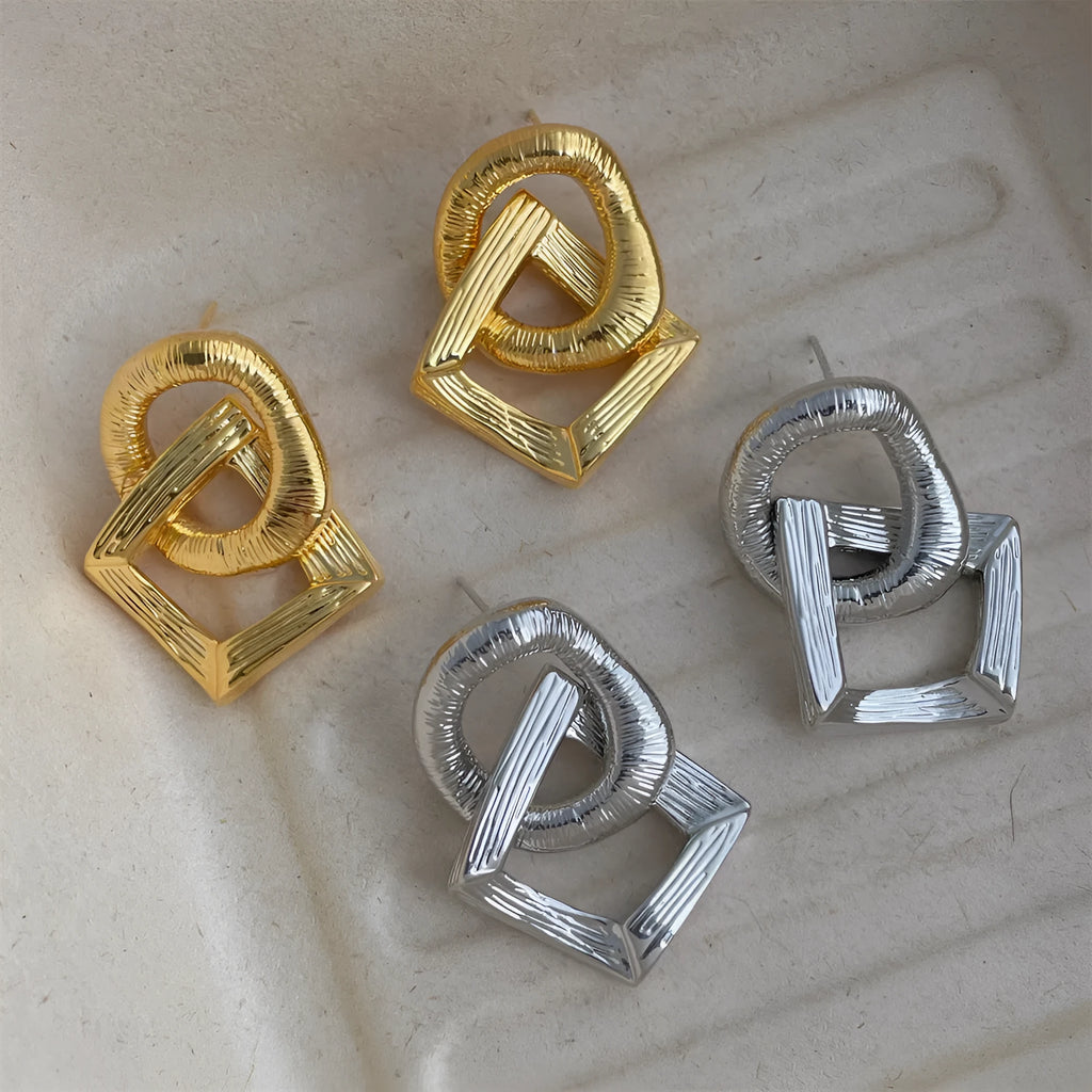 Copper retro circle pendant earrings with 3.4cm height geometric design in gold or silver electroplated finish