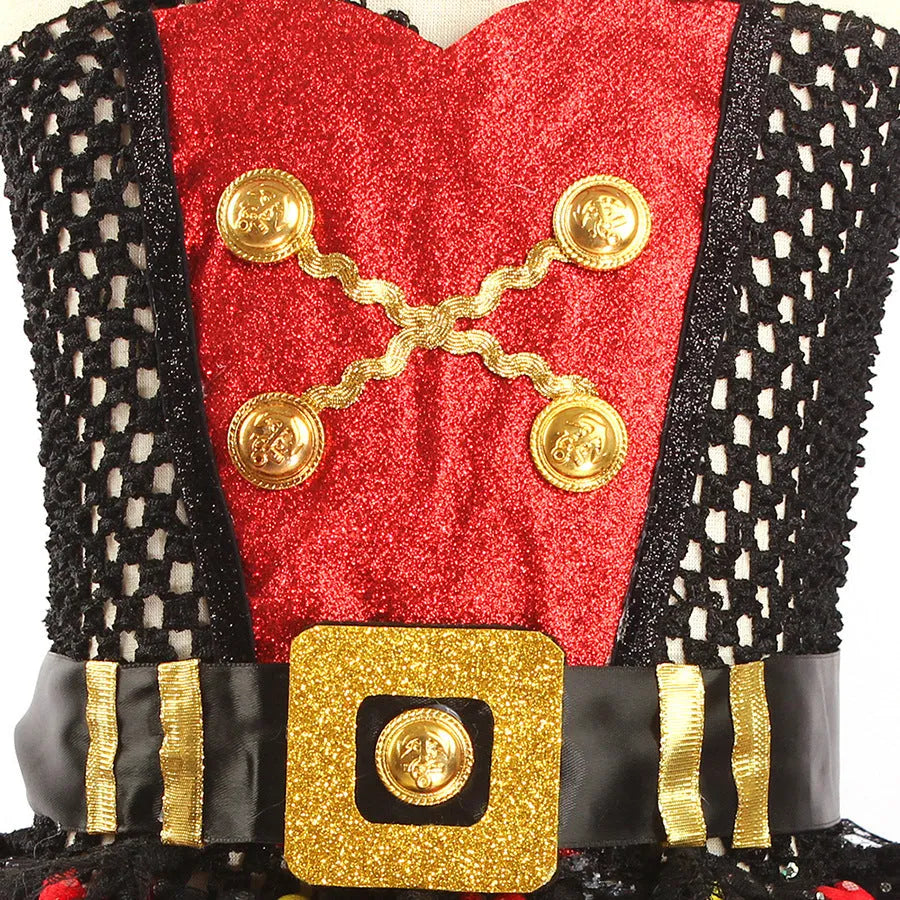 Girls sleeveless pirate costume dress with black sequins, red gauze mesh, and lace details on a black skirt.