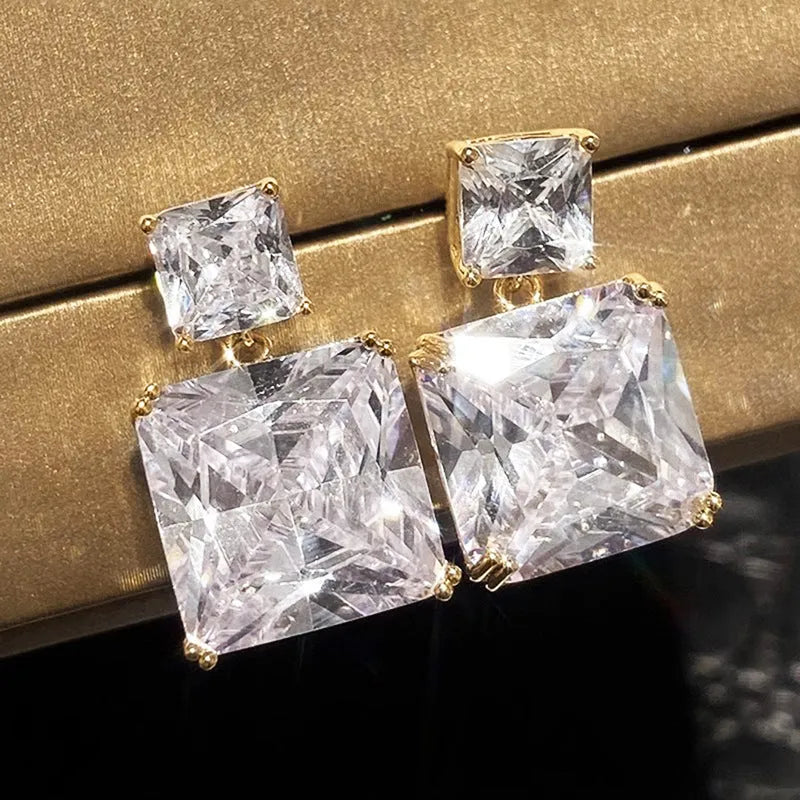 Geometric square copper earrings with quadrilateral ornament in white gold or gold colour finish