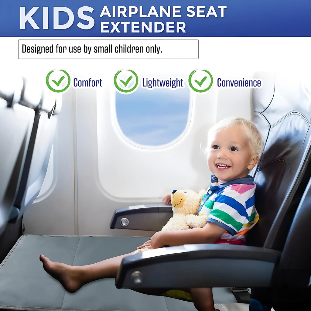 Portable grey nylon children's aircraft pedal seat extender with drawstring pocket, shown folded.