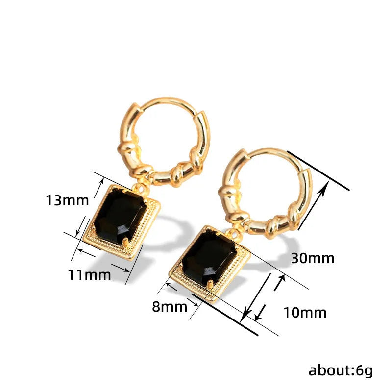 Geometric quadrilateral copper earrings with black zircon detail in French court retro style