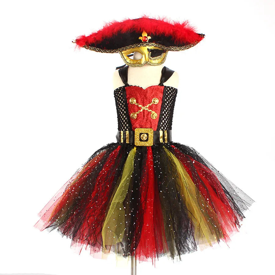 Girls sleeveless pirate costume dress with black sequins, red gauze mesh, and lace details on a black skirt.