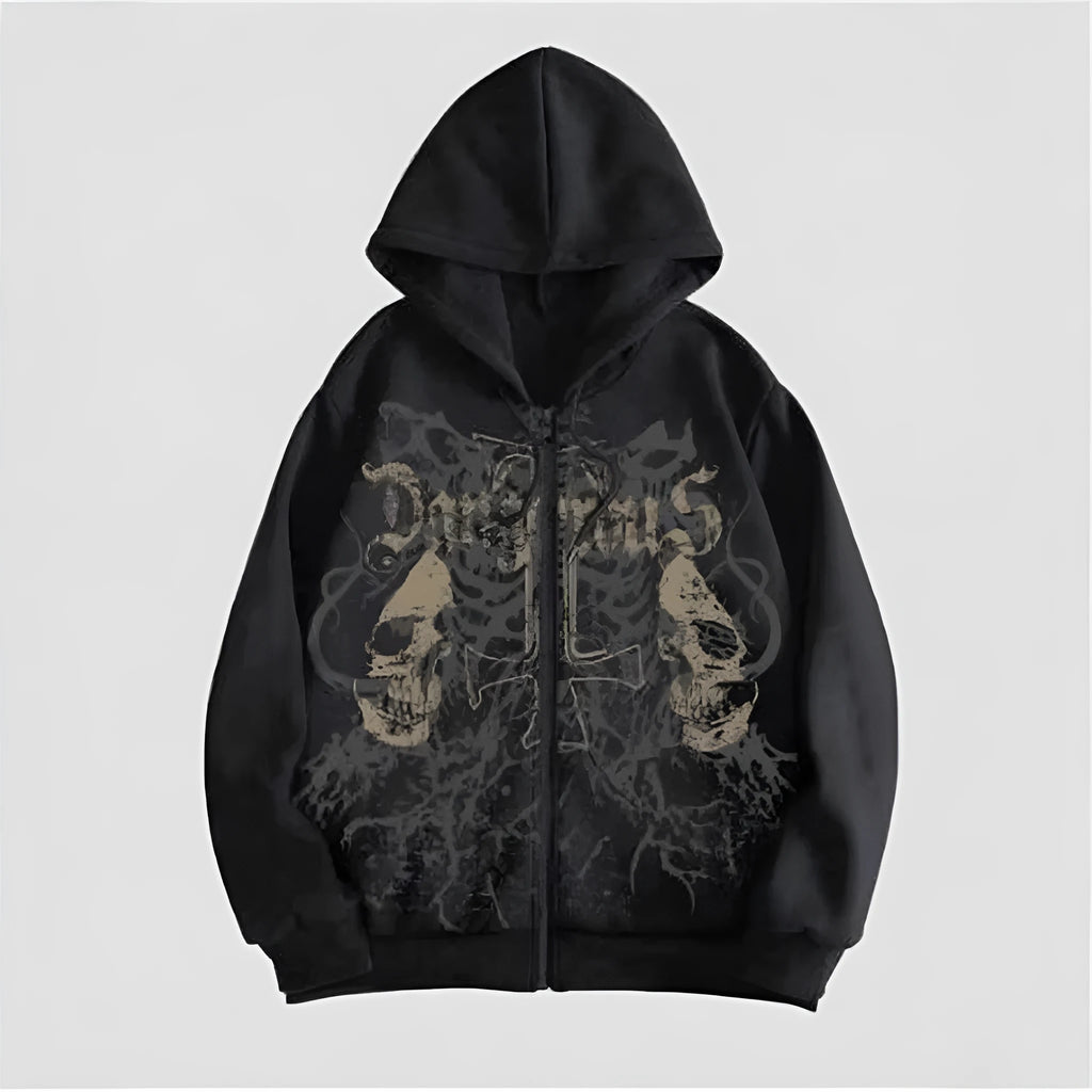 Men's pullover hooded sweatshirt with skull print in black, cotton blend fabric, long sleeves, front view