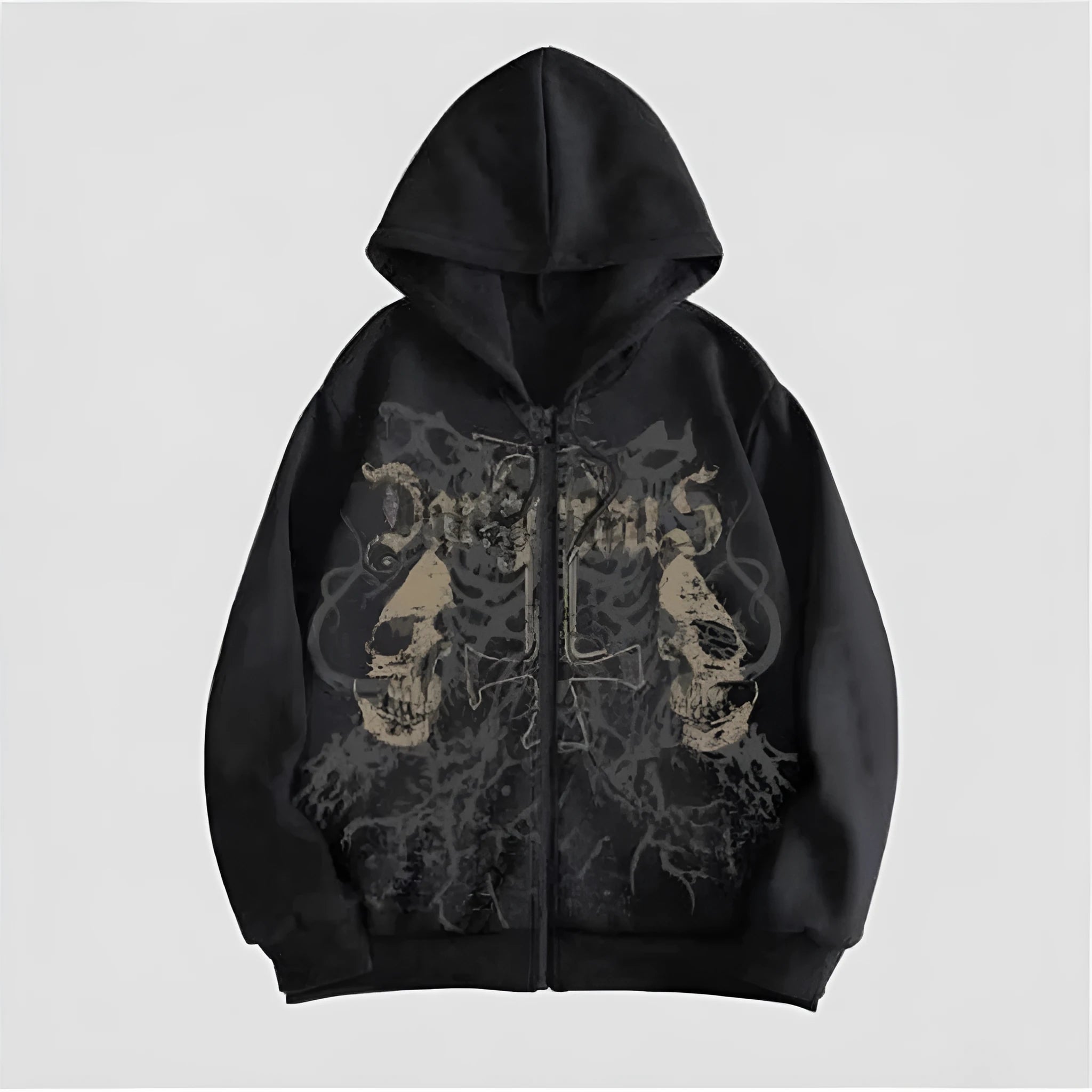 Men's pullover hooded sweatshirt with skull print in black, cotton blend fabric, long sleeves, front view