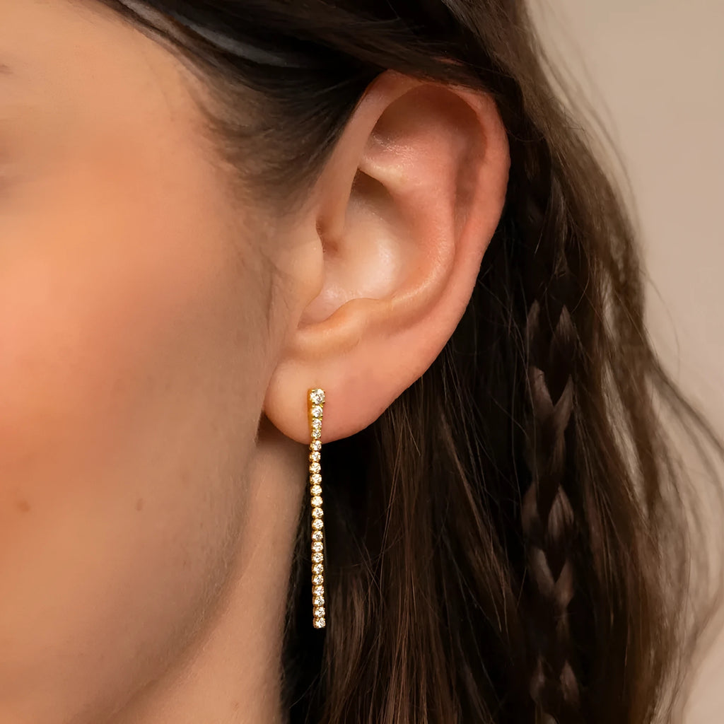 Geometric stainless steel zircon stud earrings with linear detailing in gold and steel tone options