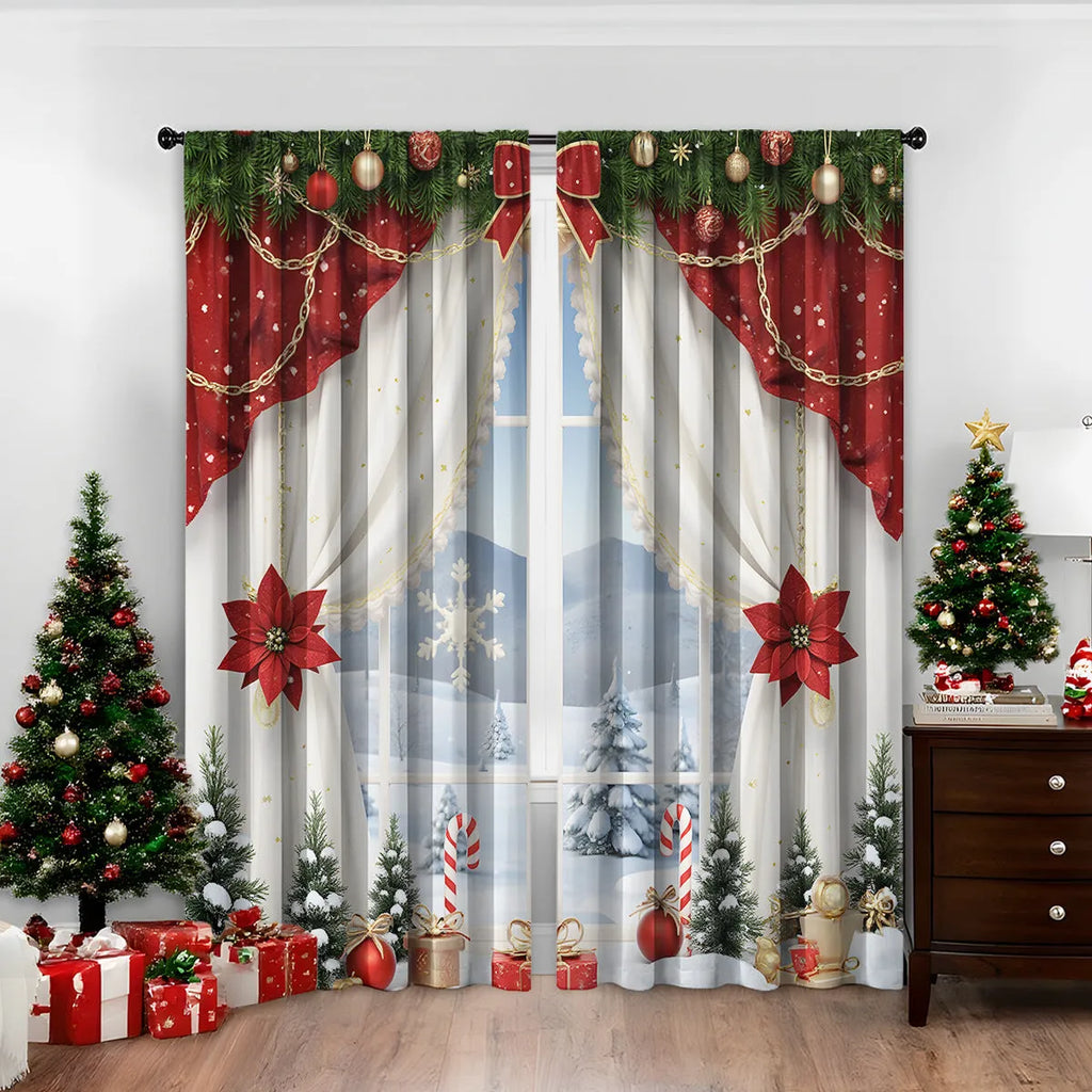 Pair of 3D digitally printed Christmas curtains showing festive pattern with high sunshade functionality