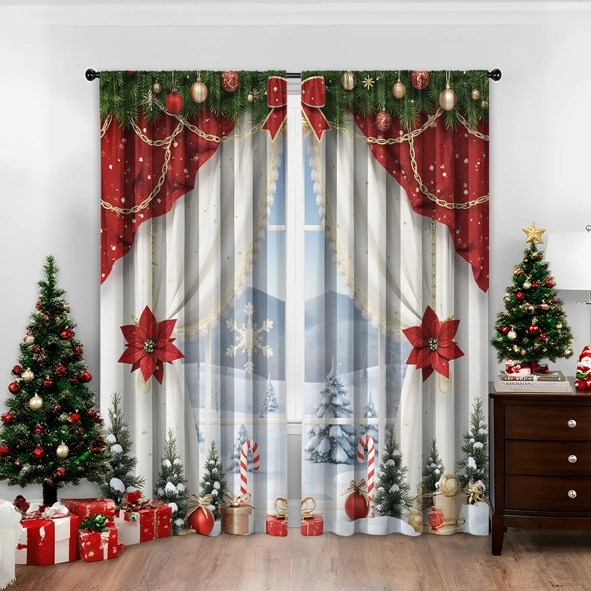 Pair of 3D digitally printed Christmas curtains showing festive pattern with high sunshade functionality