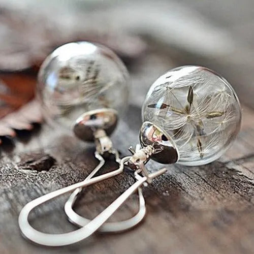Transparent glass dandelion seed earrings with French hooks in silver and bronze finishes
