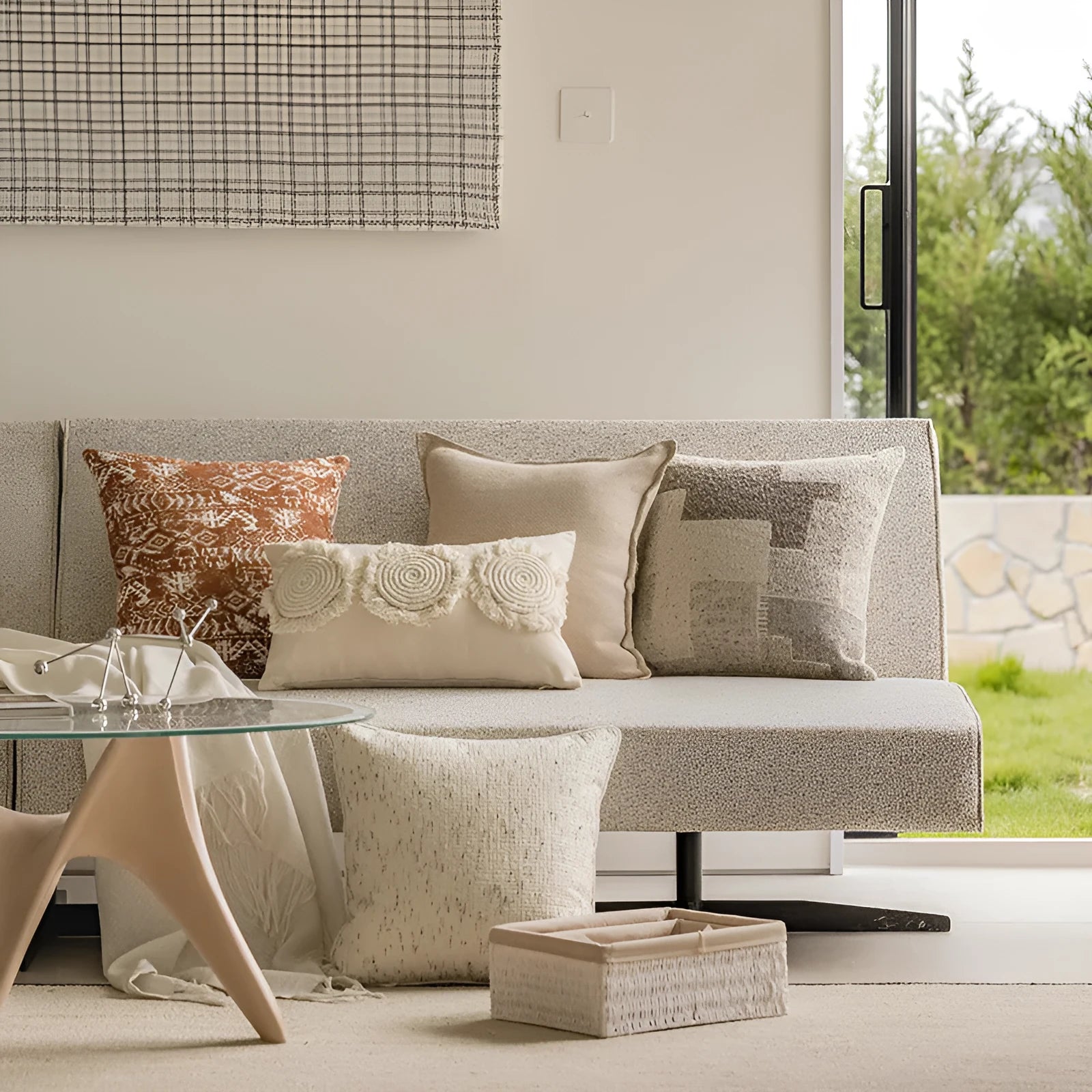 Solid colour sofa cushion pillow on a chair, showing artificial line edge pressing detail.