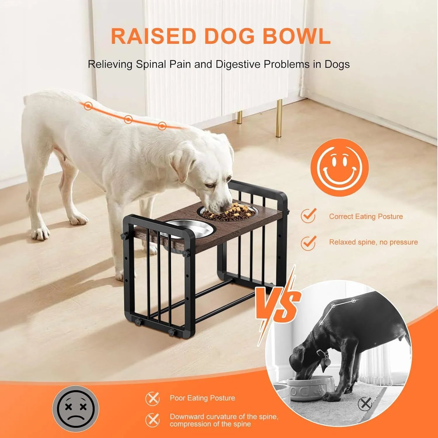 Black wooden non-slip dog bowl bracket 37x23cm on floor with dog bowl