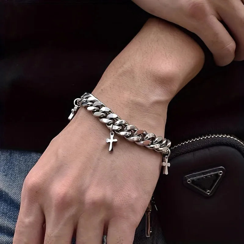 Men's titanium steel cross bracelet with geometric shape in cold wind style