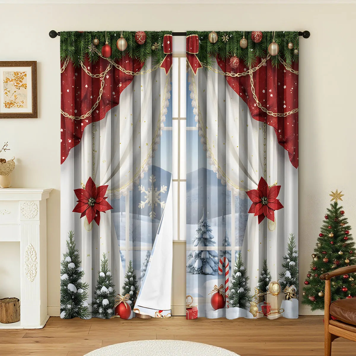 Pair of 3D digitally printed Christmas curtains showing festive pattern with high sunshade functionality