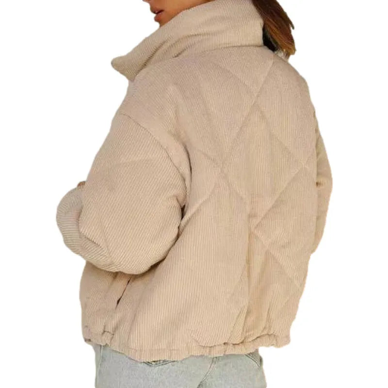 Women's apricot corduroy wadded jacket with stand collar and long sleeves
