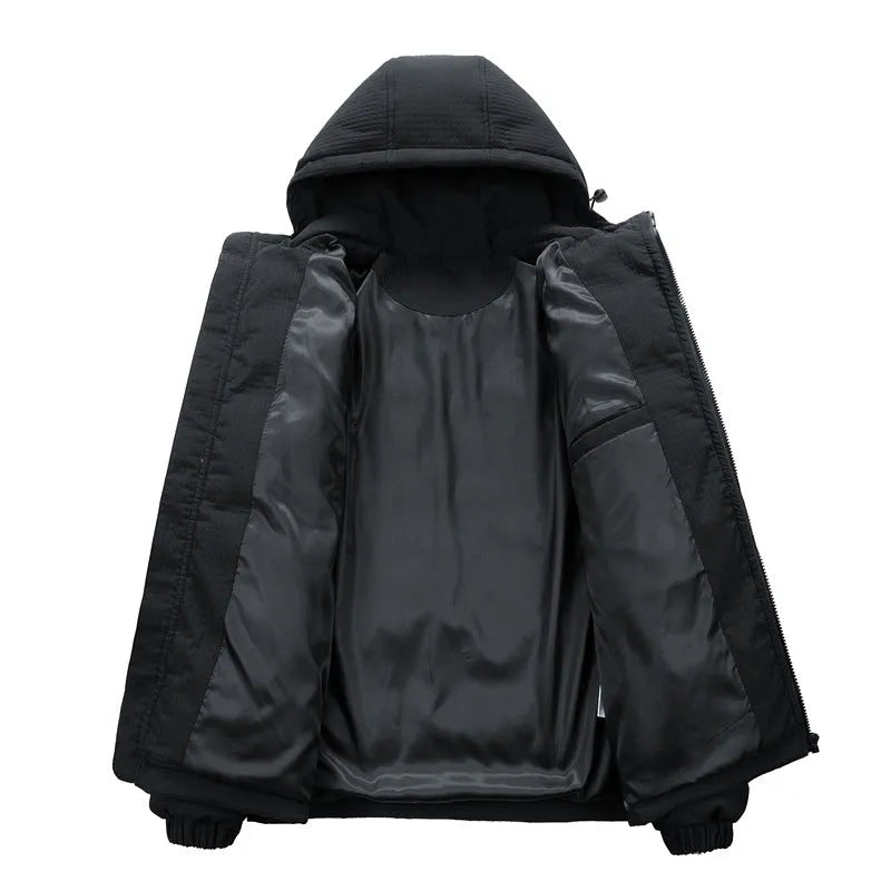 Men's black hooded winter coat with white letter print, shown as a cardigan with side pockets.