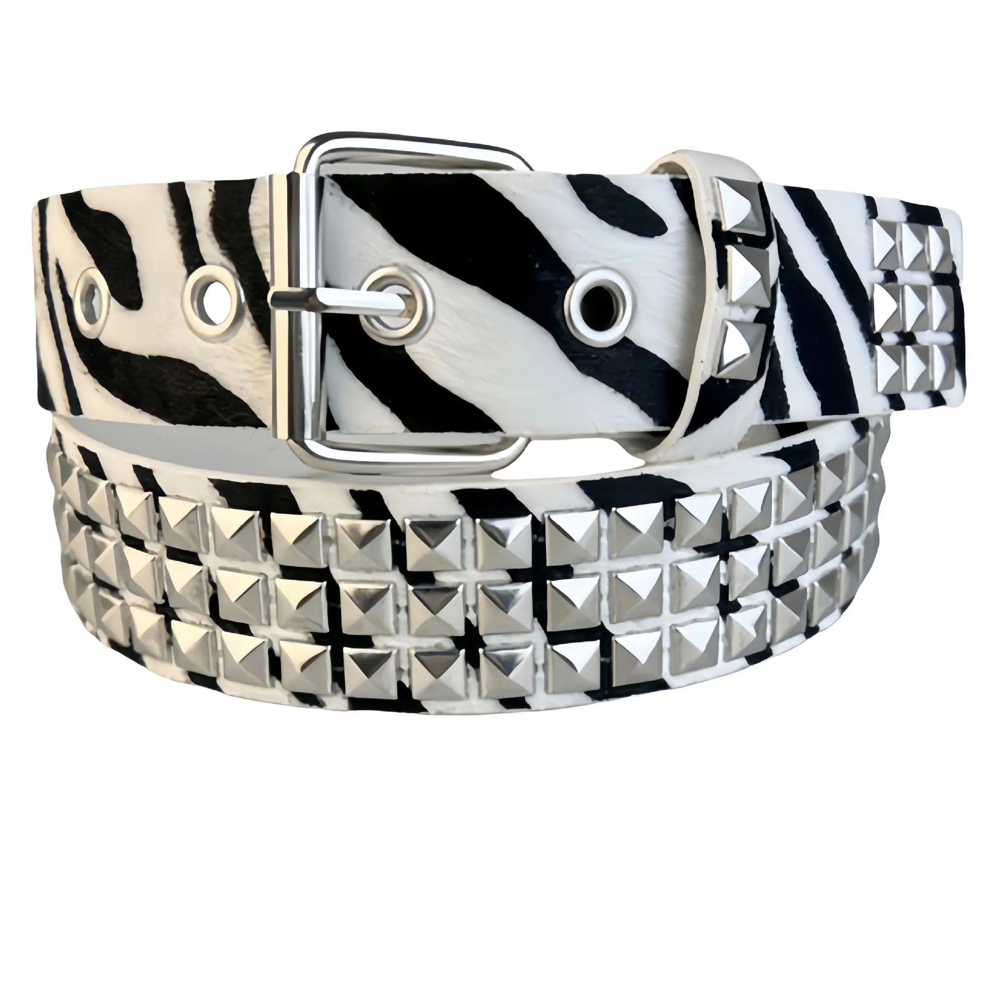 Punk style women's brown leopard print belt with metal rivets and an alloy buckle.