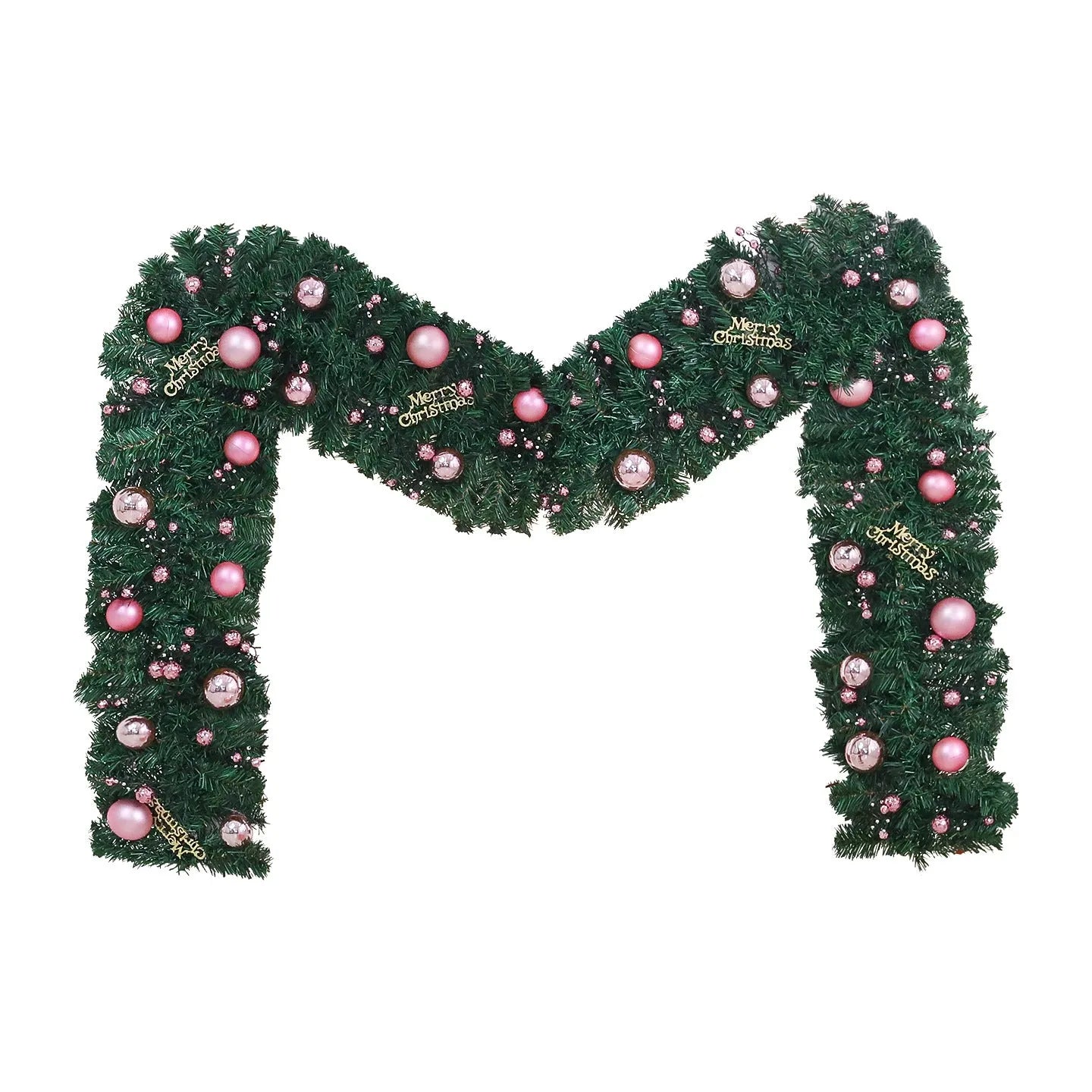 Pink Christmas rattan vine garland draped in a loop, showing small fruit details and LED lights.