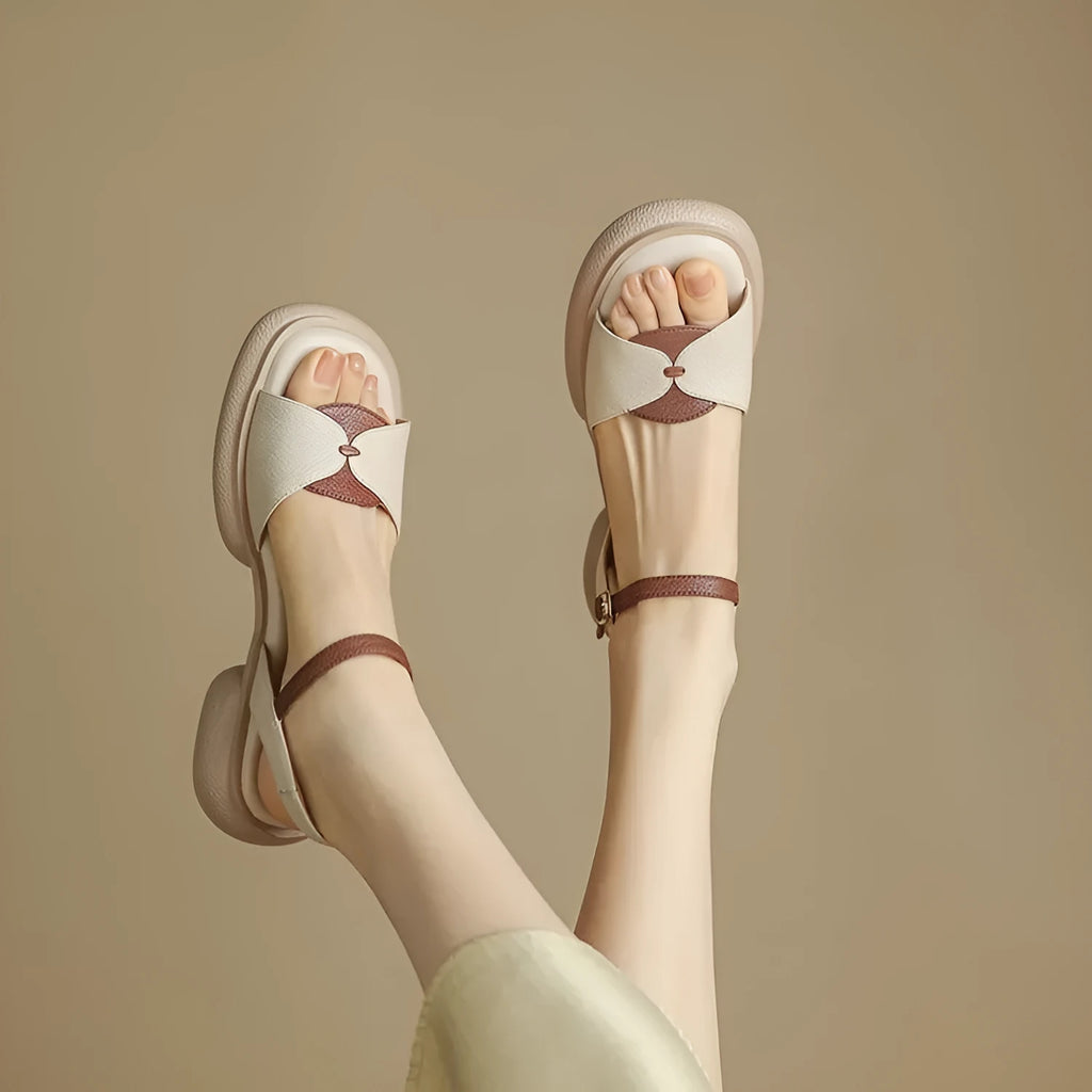 Women's khaki chunky heel platform open toe sandals with renewable leather upper