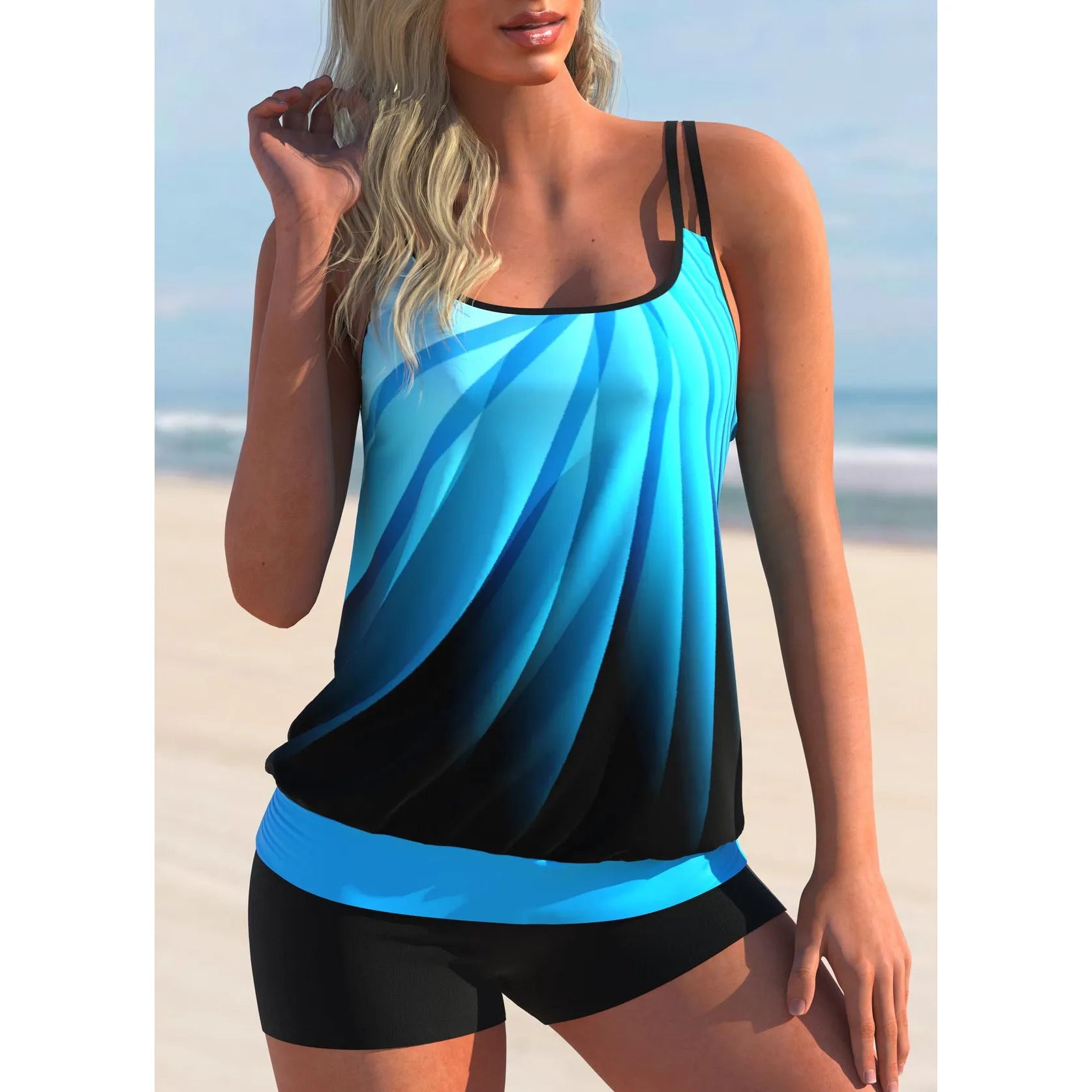 Plus size women's printed swimsuit set with strap top and beach shorts in butterfly pattern