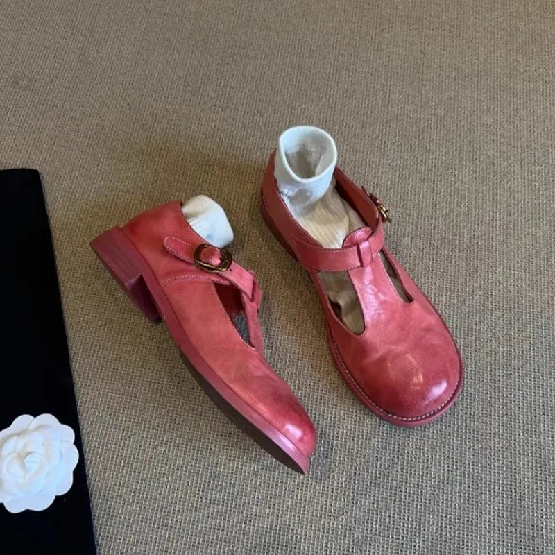 Women's retro round toe pumps in pink brush colour with low heel and buckle closure