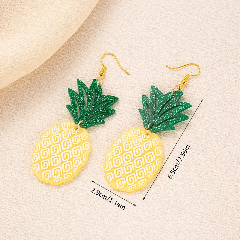 Acrylic drop earrings with coconut and jackfruit designs on alloy hooks in summer colours