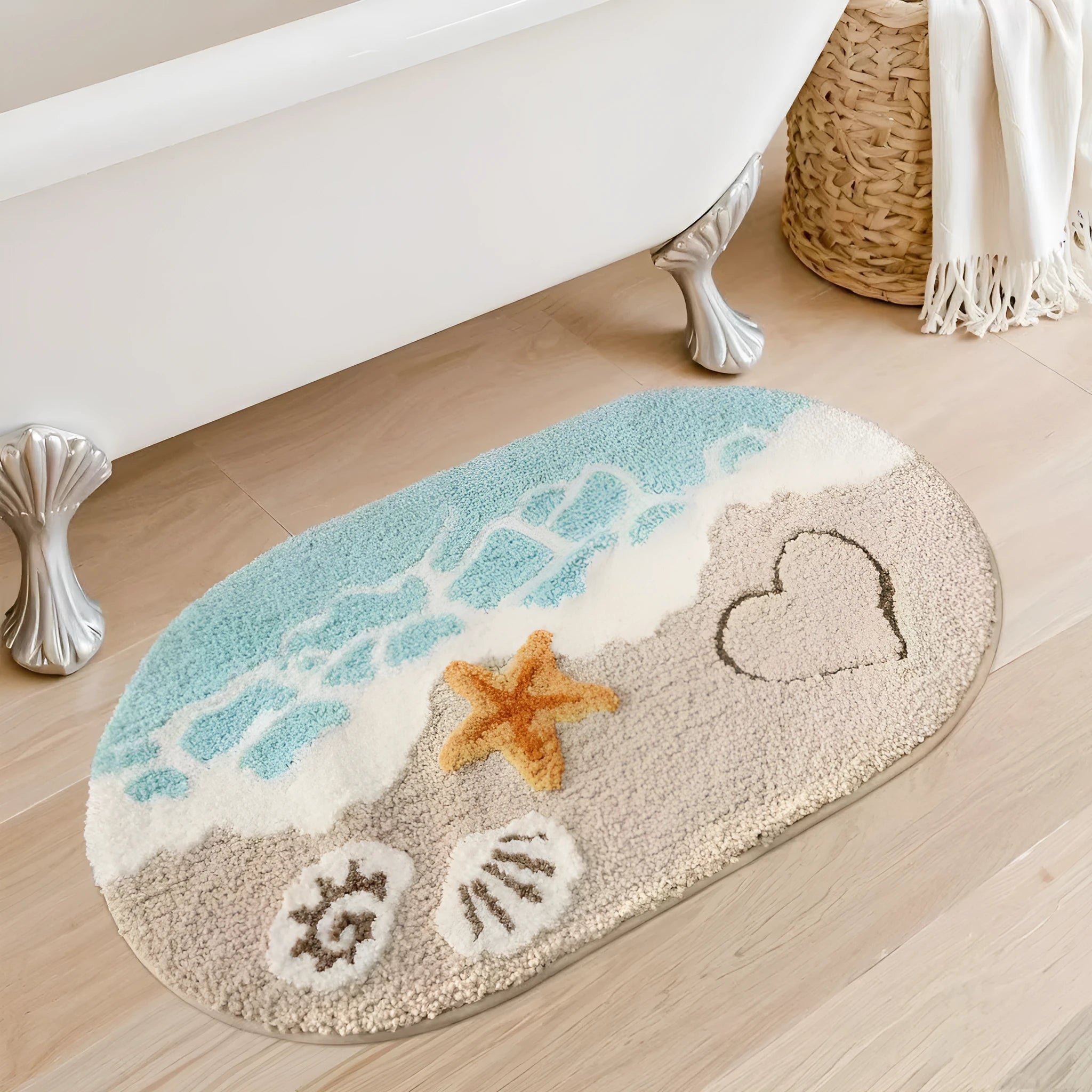 Square rainbow pattern floor mat with sky and sea colours, plastic bottom resistant to dirt