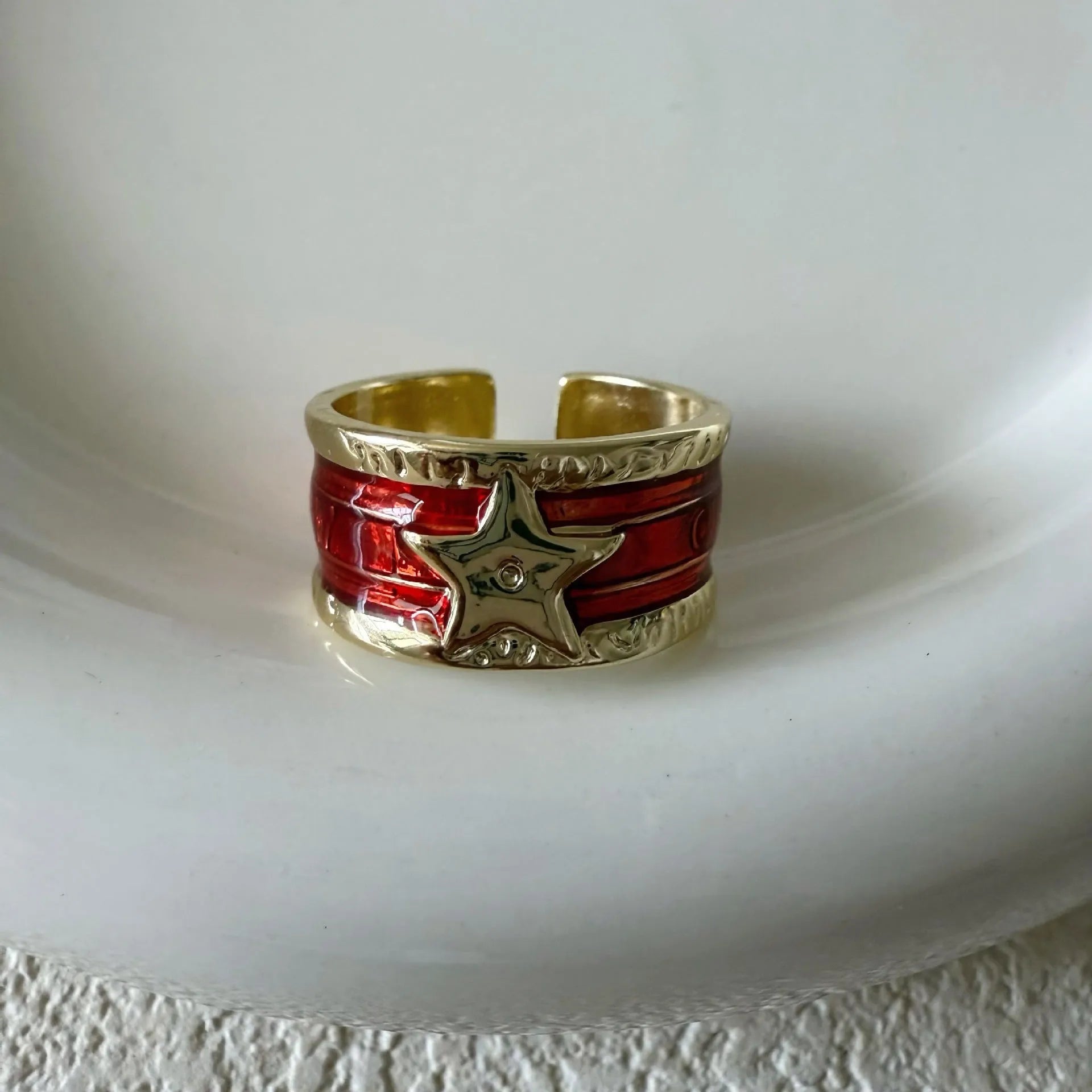 XINGX adjustable copper ring with distressed oil drop pattern and geometric lines in retro ins style