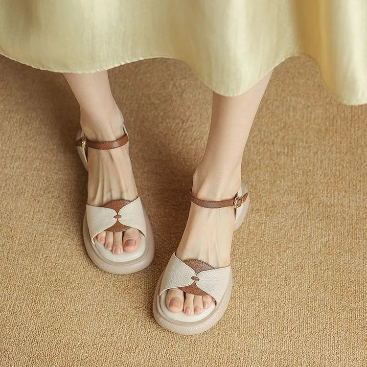 Women's khaki chunky heel platform open toe sandals with renewable leather upper