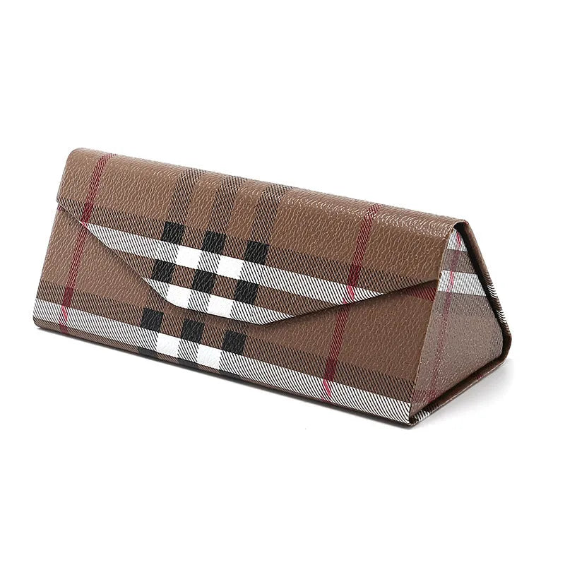Folding glasses case in PU cowhide with triangle compression-resistant design, available in black, brown, pink, dark blue, calfskin black, and plaid