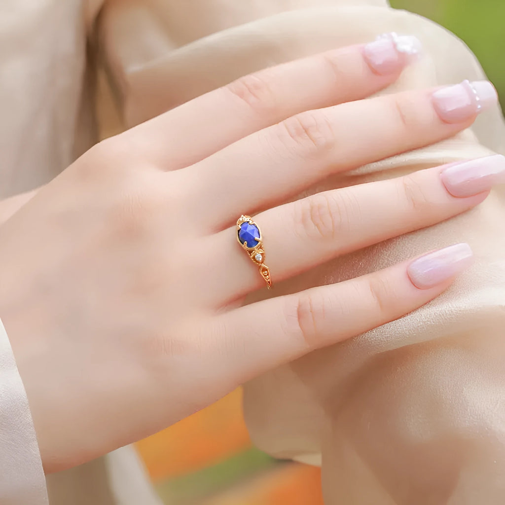 Japanese style geometric silver ring with blue lapis lazuli stone in ellipse shape