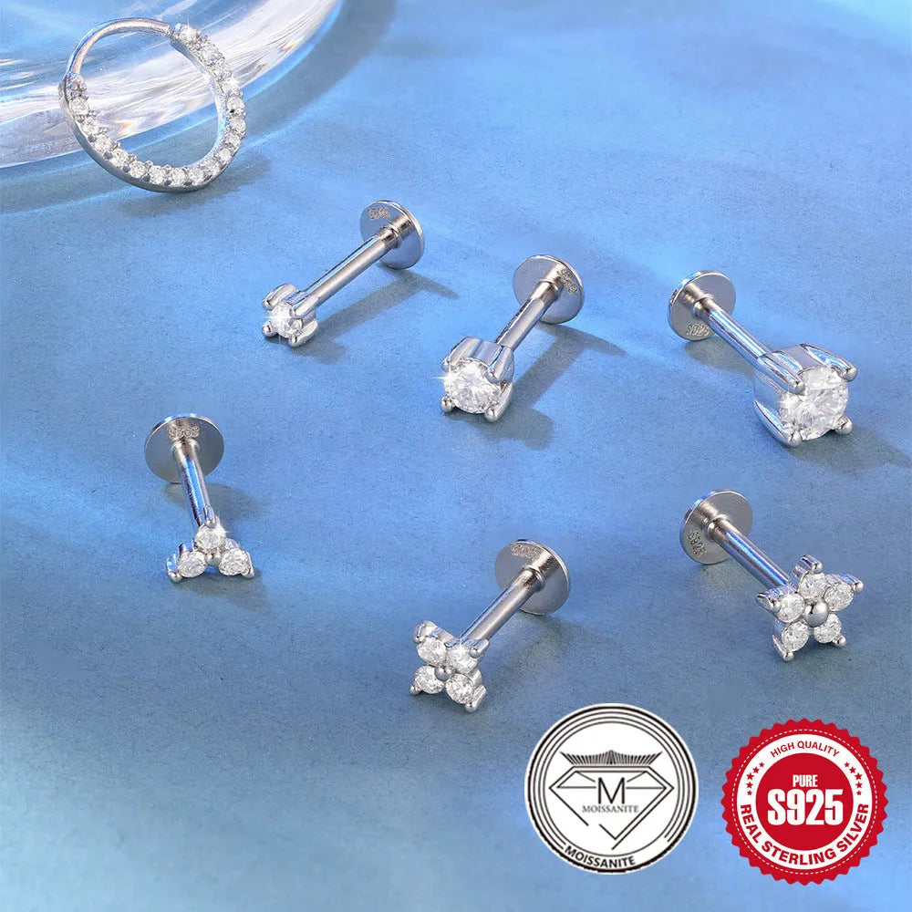 S925 sterling silver stud earrings with geometric petal design in platinum colour
