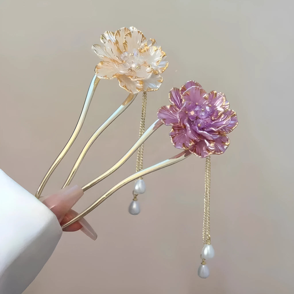 Purple and white alloy peony flower U-shaped hairpin with tassel decoration