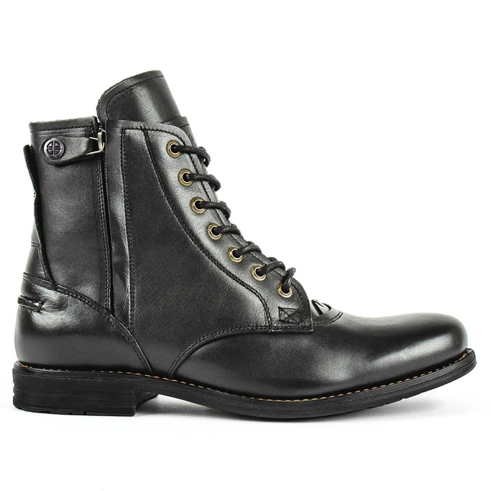 Men's black and brown Knight Series leather boots with a side zipper and low heel.