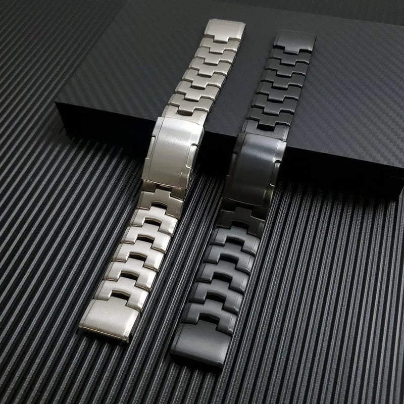 Garmin Jiaming Fenix watch replacement strap in silver, black, titanium colours showing 22mm and 26mm width options