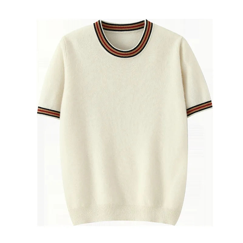 Men's round neck pure wool short sleeve sweater in white, grey and black colours