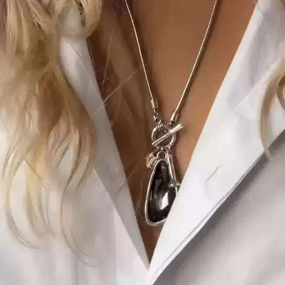Geometric alloy pendant on long snake bones chain necklace in blue, champagne, or grey colour