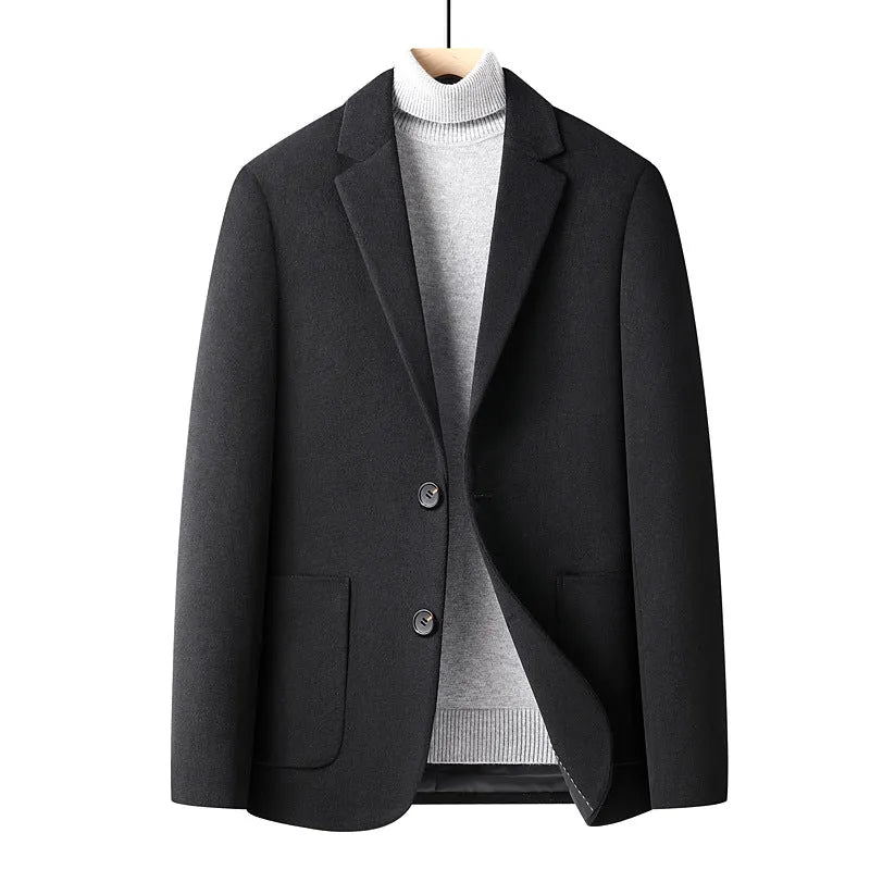 Men's slim fit wool suit jacket in grey, shown on a model, suitable for autumn casual wear.