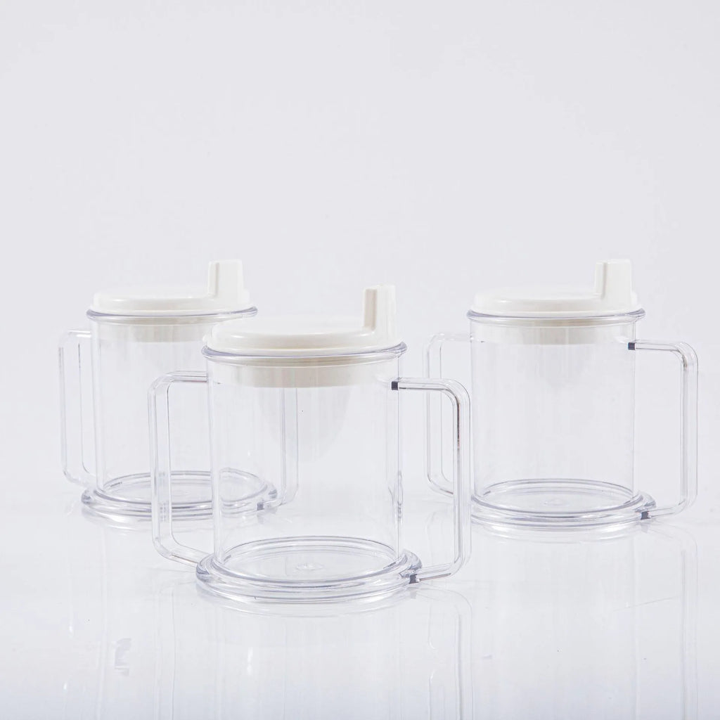 Transparent plastic spill-proof drinking cup showing 14cm height and 12cm brim.