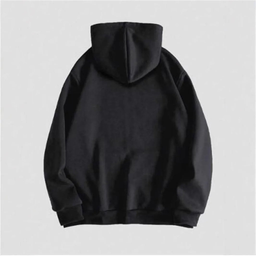 Men's pullover hooded sweatshirt with skull print in black, cotton blend fabric, long sleeves, front view