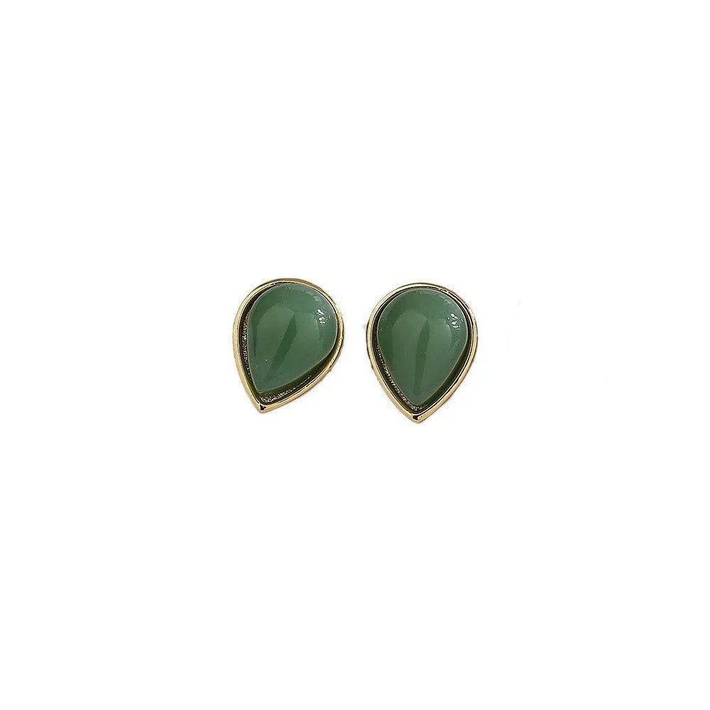 New Chinese style women's earrings copper water drop Hetian jade ear studs white gold finish