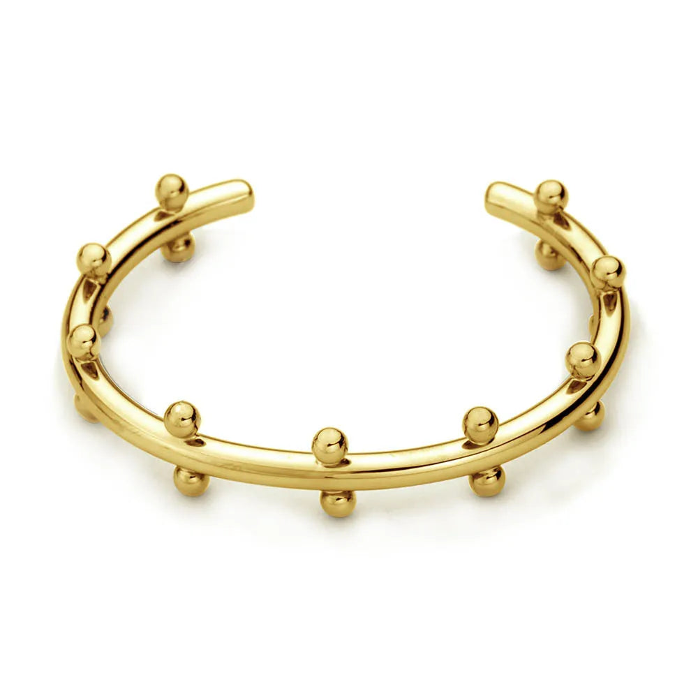 C-shaped stainless steel bean bead bracelet with textured finish and rivet detailing
